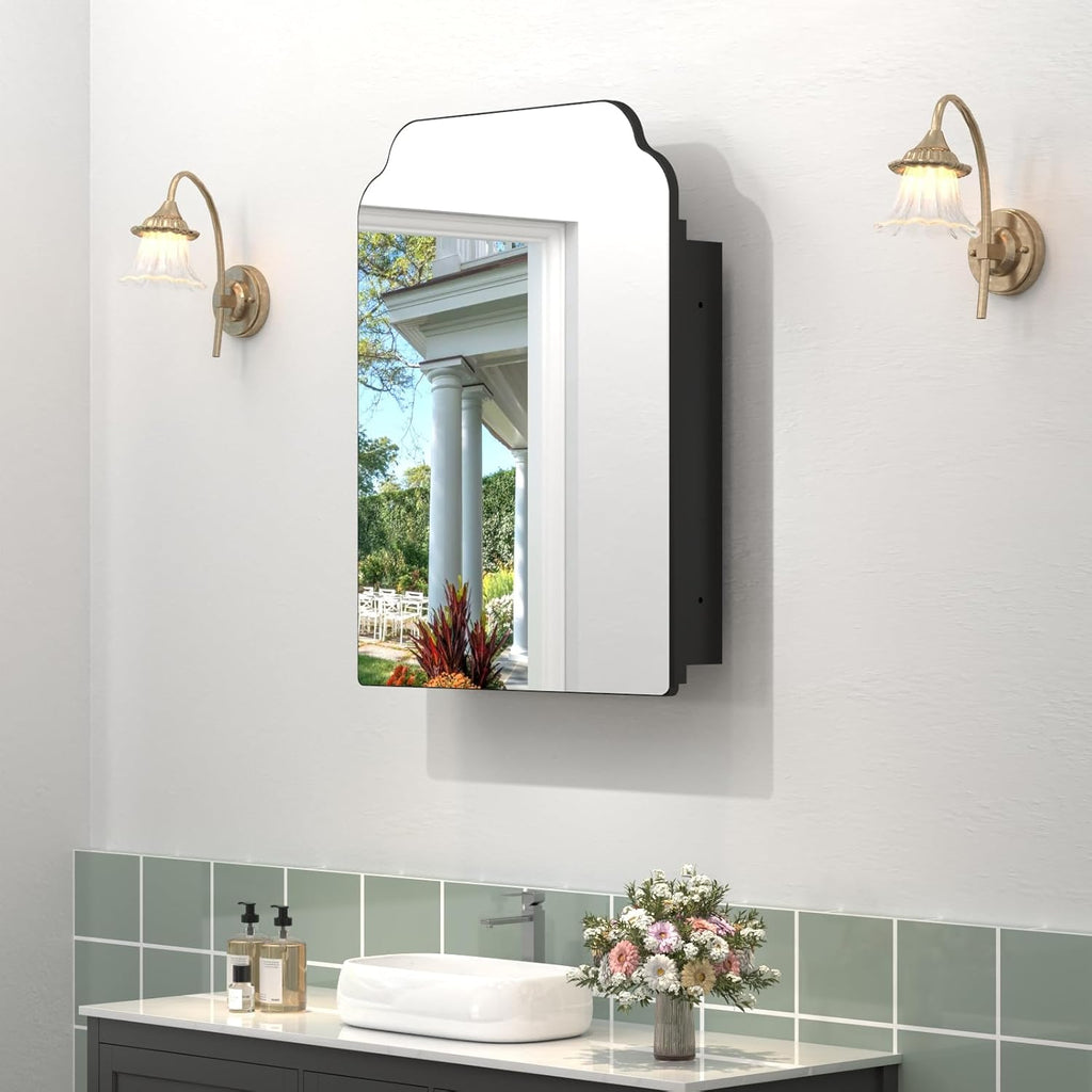 20"x26" Black Irregular Recessed Medicine Cabinet Mirror, Frameless Victorian Bathroom Decorative Mirror with Storage, Surface Mount Medicine Cabinets for Bathroom, Full Metal, 2 Removable Shelves