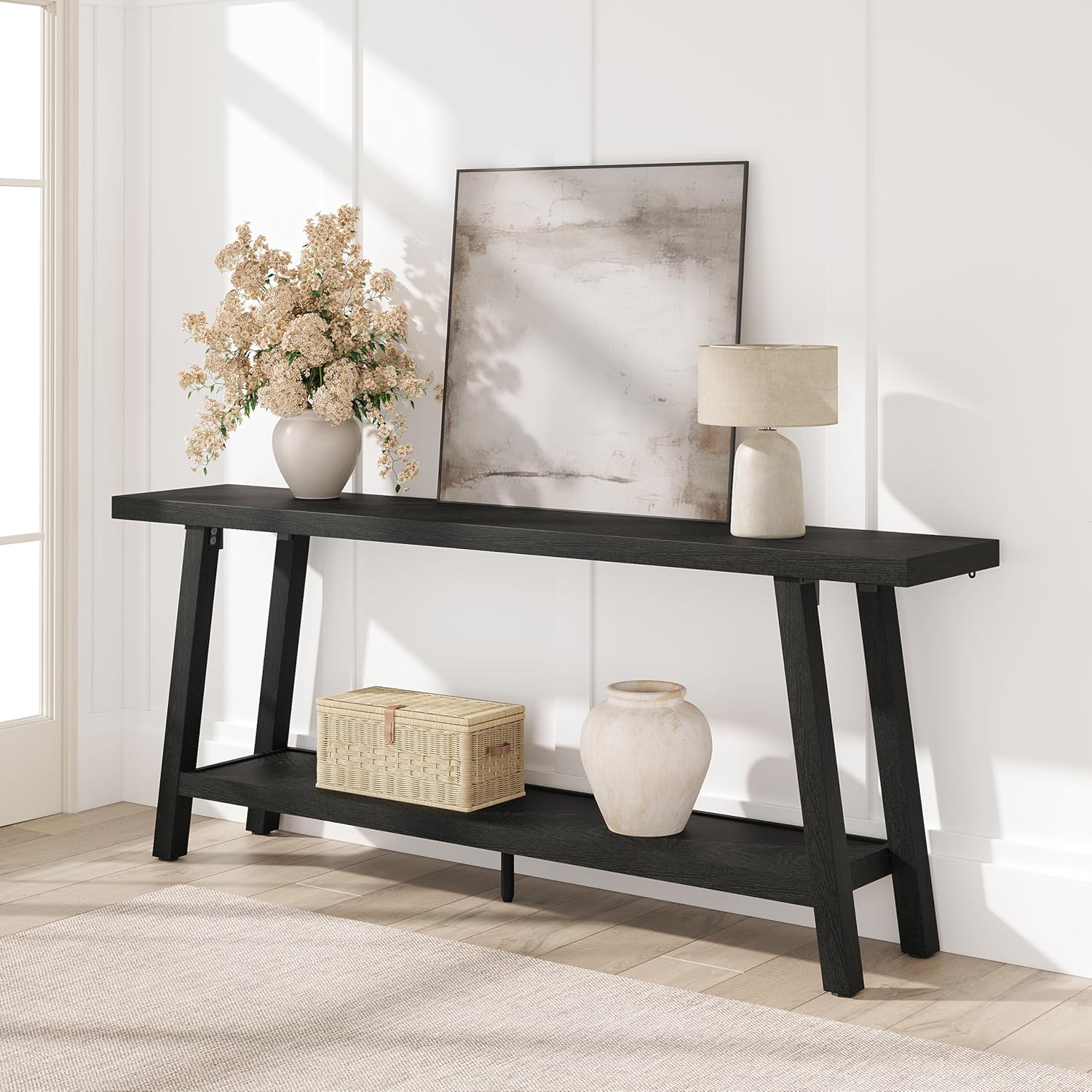 GarveeHome 70.87" Extra Long Console Table, Narrow Sofa Table Behind Couch, Black Entryway Table for Hallway Living Room Foyer, Farmhouse Accent Skinny Table, Black, 70.87" L x 14.02" W