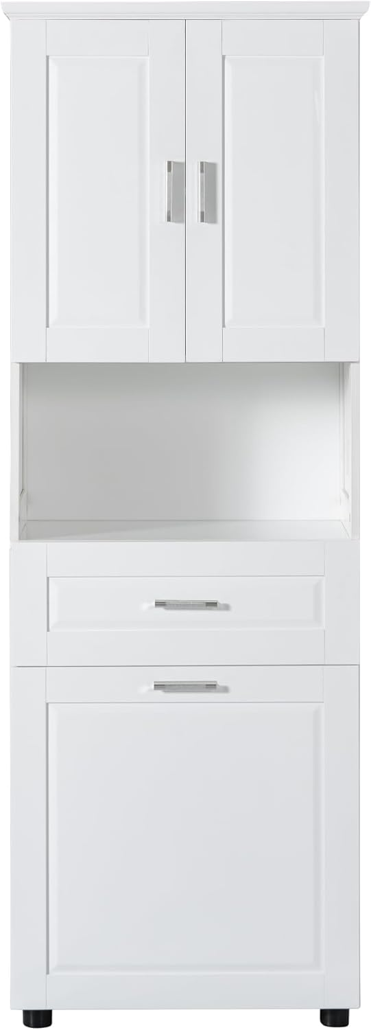 Tall Storage Cabinet, Bathroom Floor Freestanding Storage Cabinet with 2 Doors, One Drawer, and Tilt-Out Laundry Hamper for Bathroom, Office, Living Room, White