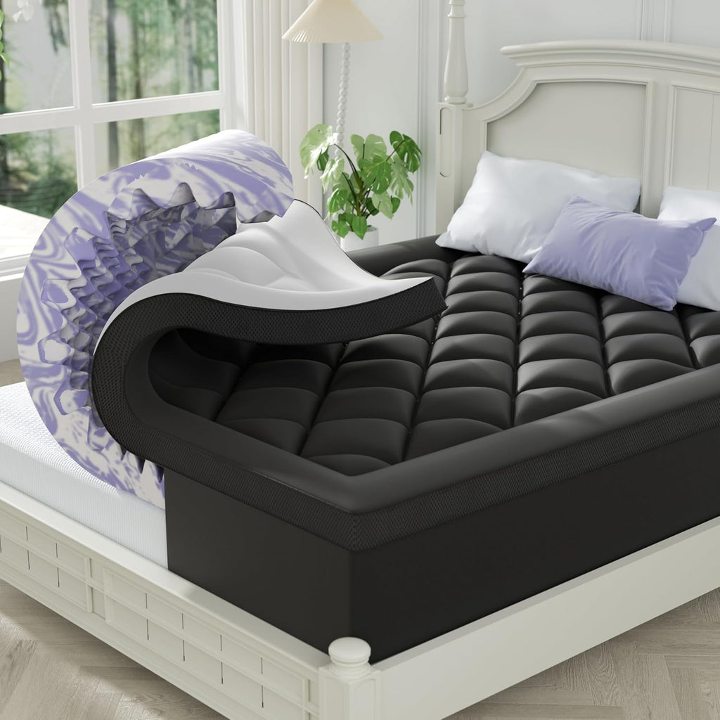 ChiXpace Dual Layer 4 Inch Memory Foam Mattress Topper Queen - 2 Inch Gel Memory Foam and 2 Inch Pillow Top Mattress Pad, 7-Zone Egg Crate Queen Size Mattress Topper (Black-White)