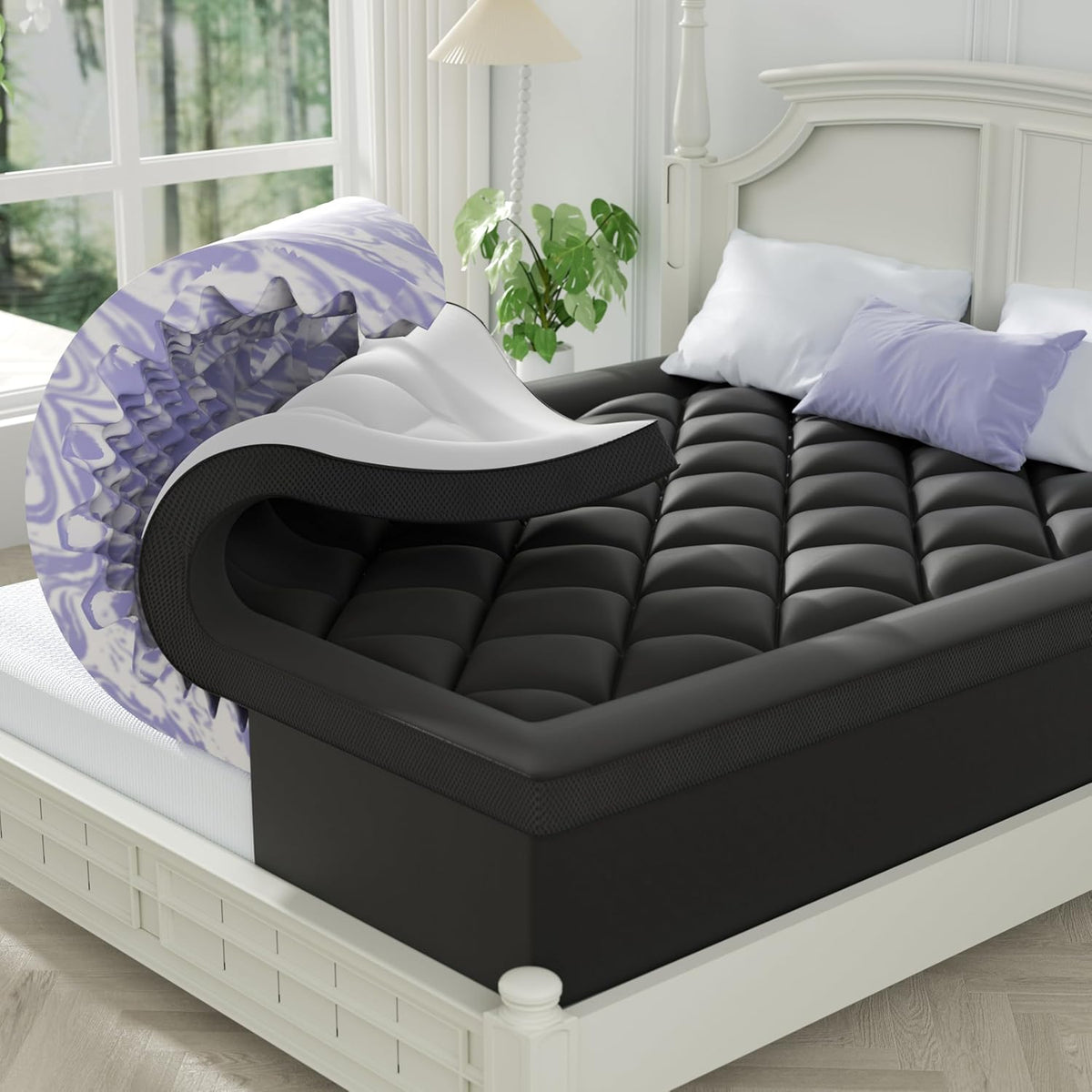 ChiXpace Dual Layer 4 Inch Memory Foam Mattress Topper Queen - 2 Inch Gel Memory Foam and 2 Inch Pillow Top Mattress Pad, 7-Zone Egg Crate Queen Size Mattress Topper (Black-White)