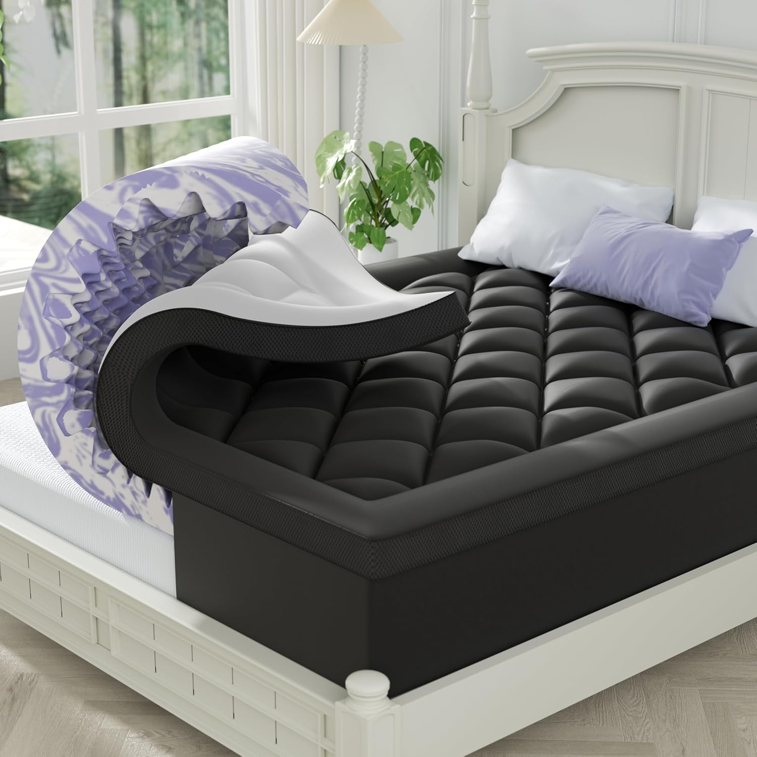 ChiXpace Dual Layer 4 Inch Memory Foam Mattress Topper Queen - 2 Inch Gel Memory Foam and 2 Inch Pillow Top Mattress Pad, 7-Zone Egg Crate Queen Size Mattress Topper (Black-White)