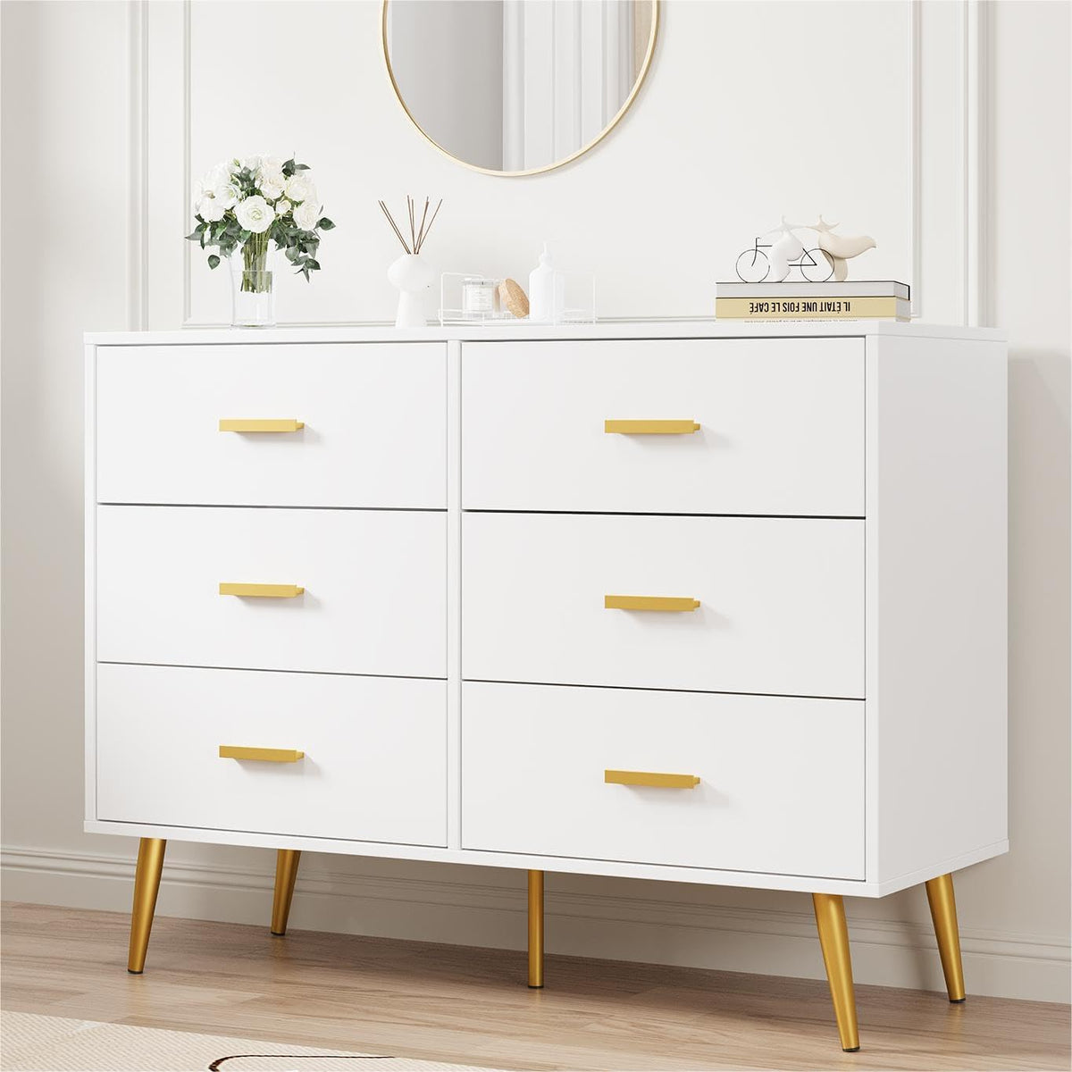 IDEALHOUSE 6 Drawer Dresser, Modern Wooden Chest of Drawers with Gold Handles, Deep Drawers for Bedroom, Living Room and Entryway, White