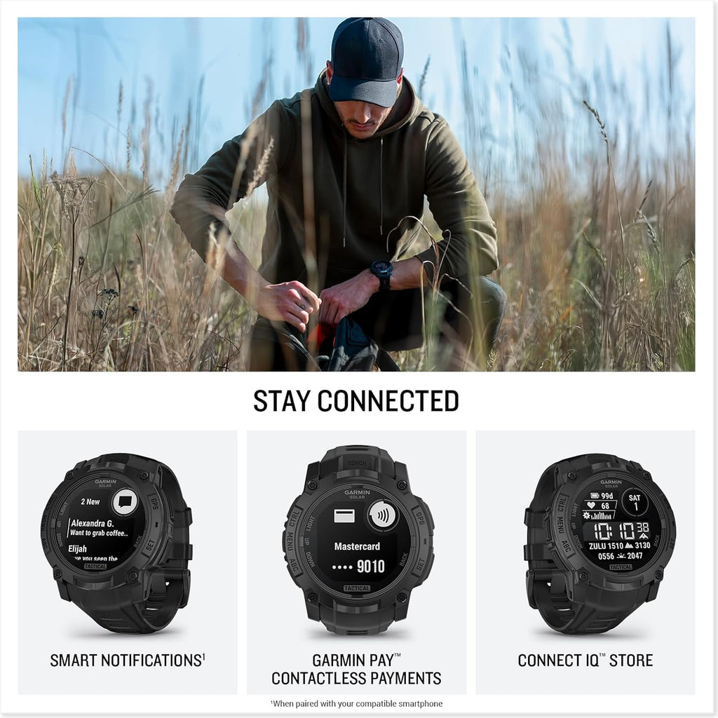 Garmin Instinct 3 Tactical Edition, Solar Charged 50mm Display, Outdoor Rugged GPS Smartwatch Bundle with USB Wall Charger + Microfiber Cleaning Cloth
