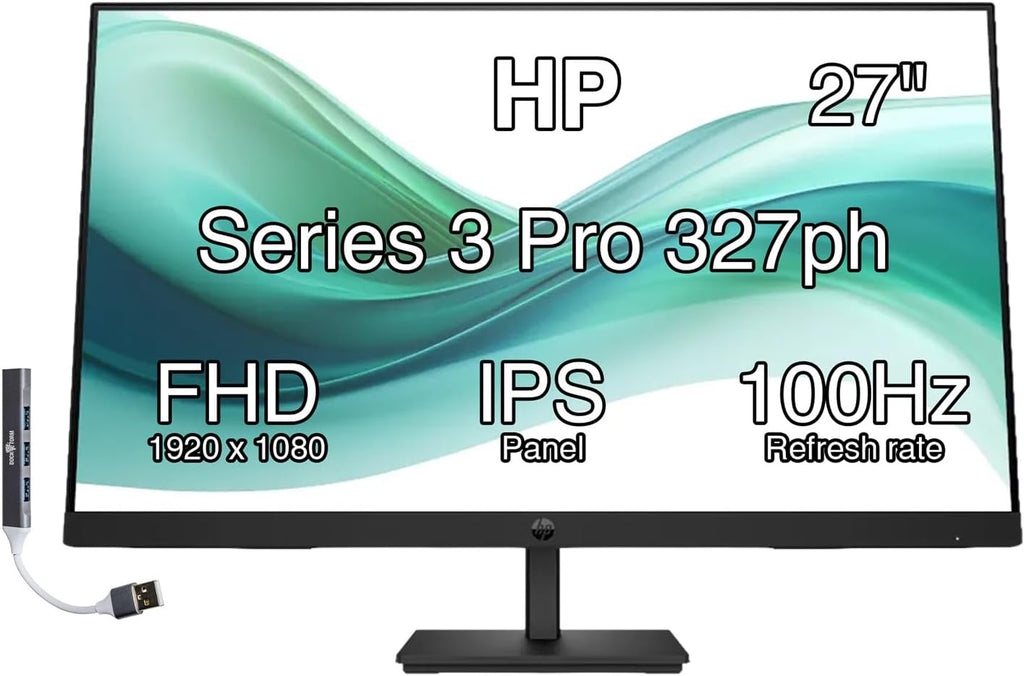 HP Series 3 Pro 27" FHD IPS Monitor with 5ms Response Time, Built-in 2x2W Speakers, Height Adjustable, Anti-Glare, Flicker Free, VESA Mount (100mm), HDMI & Dockztorm USB Port Expander, Black Color