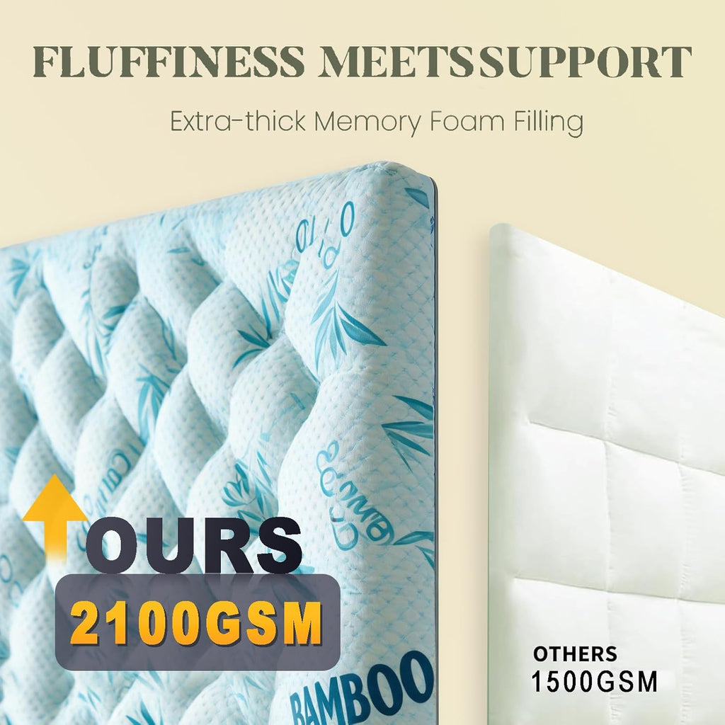 SHOUREN Memory Foam Mattress Topper Queen 4-5 Inch, 2100 GSM Pillow Top, Blue Bamboo-Viscose Cover, Plush Gel Memory Foam & 3D Fiber Fill, Elastic Straps, Machine Washable, 60x80
