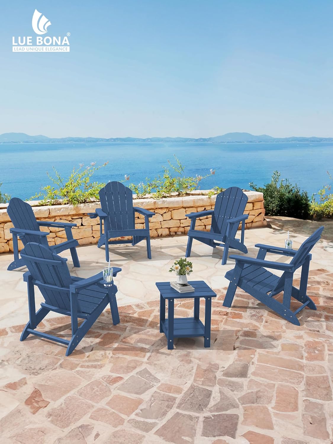 LUE BONA Adirondack Chairs Set of 4 - Weather Resistant Seating with Cup Holder for Poolside, Fire Pit, Deck & Resort Patio, Blue
