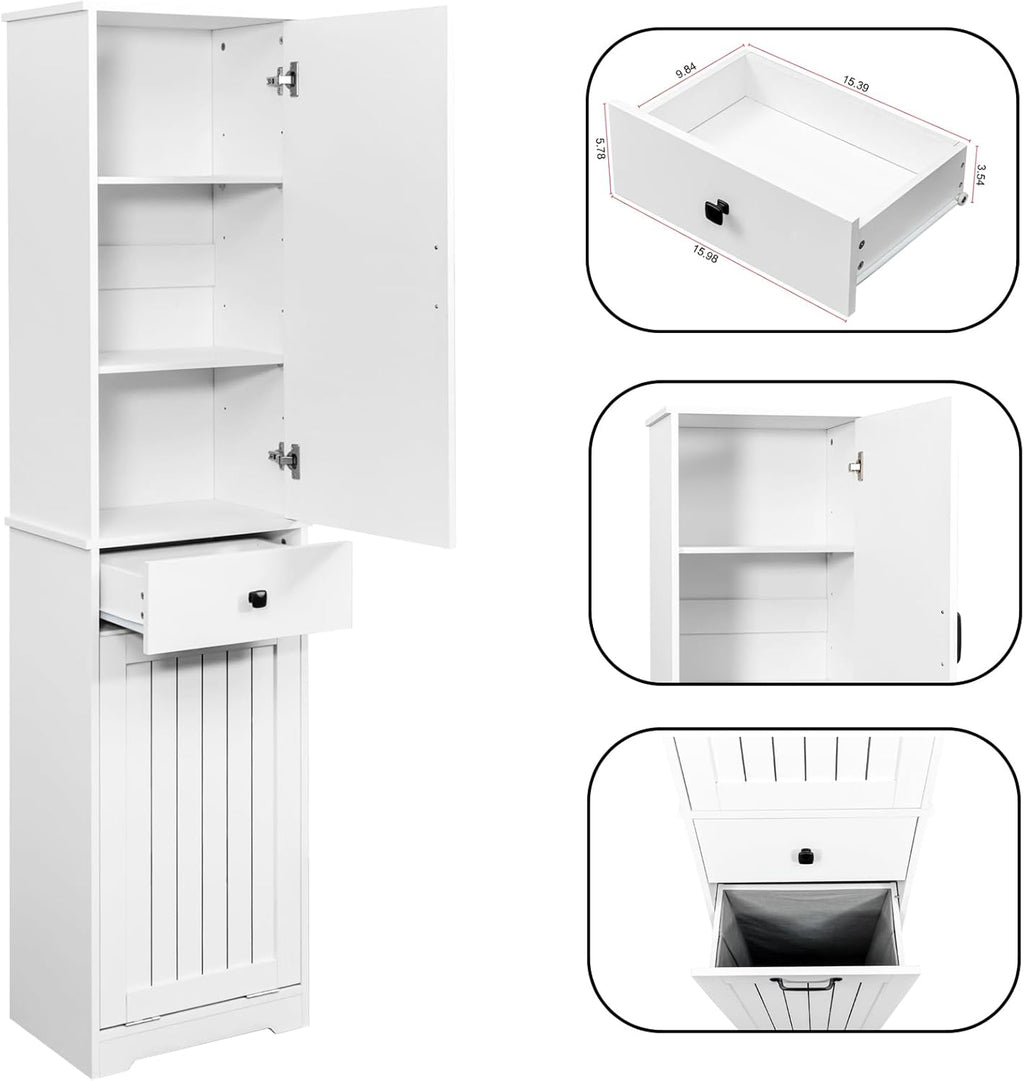 Tall Bathroom Storage Cabinet, Laundry Cabinet with Storage Shelf, Drawer, and Basket, Tilt Out Laundry Hamper, Narrow Storage Unit, for Bathroom, Living Room, Entryway, Kitchen (White)
