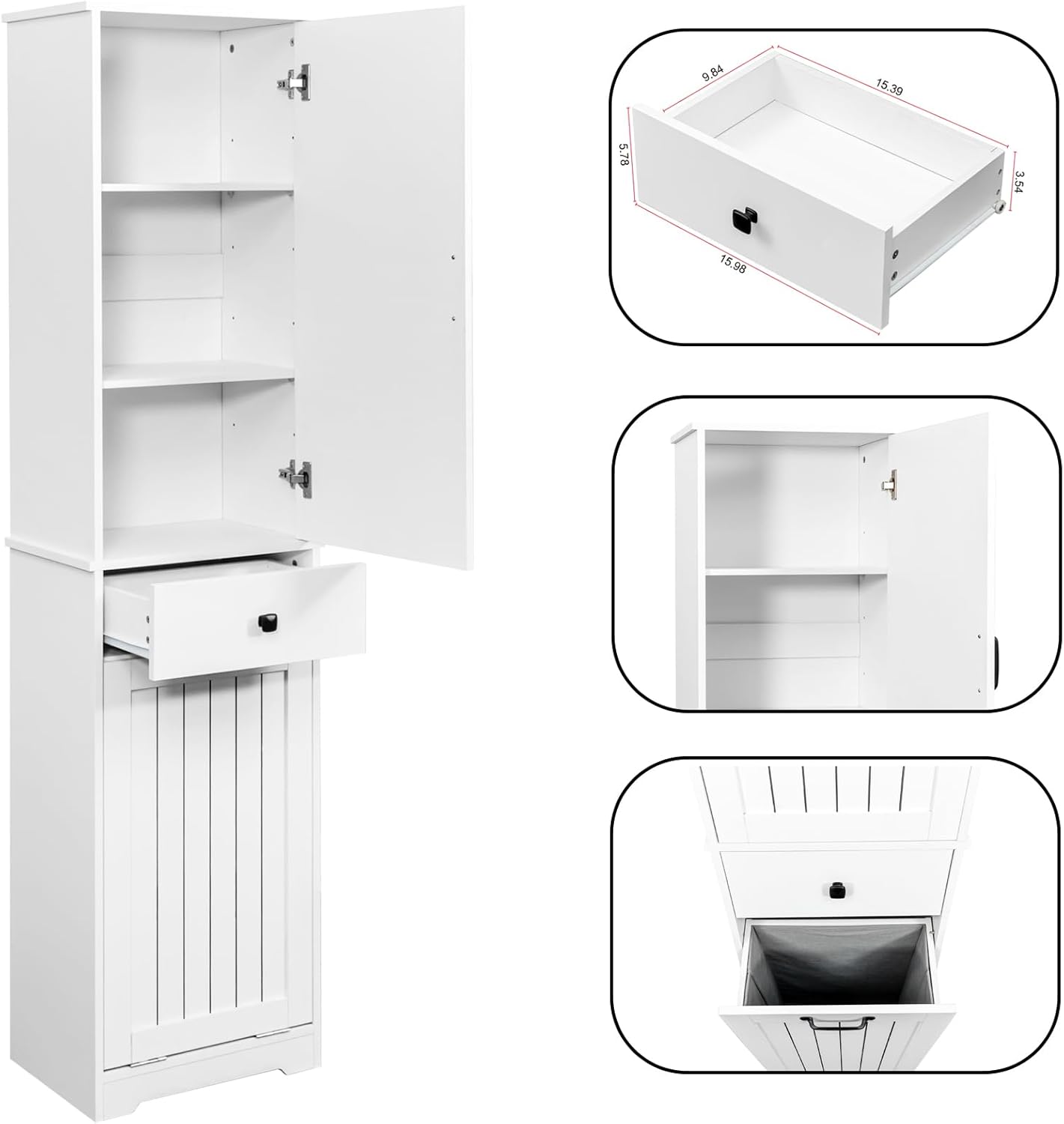 Tall Bathroom Storage Cabinet, Laundry Cabinet with Storage Shelf, Drawer, and Basket, Tilt Out Laundry Hamper, Narrow Storage Unit, for Bathroom, Living Room, Entryway, Kitchen (White)