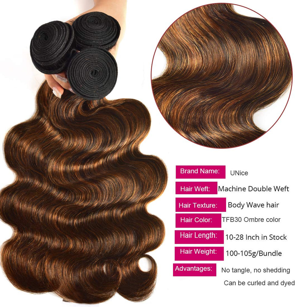 UNICE Brown Highlight Body Wave Human Hair Weave 3 Bundles 16 18 20 inch, Brazilian Remy Ombre Blonde Wavy Sew in Piano Color TFB30