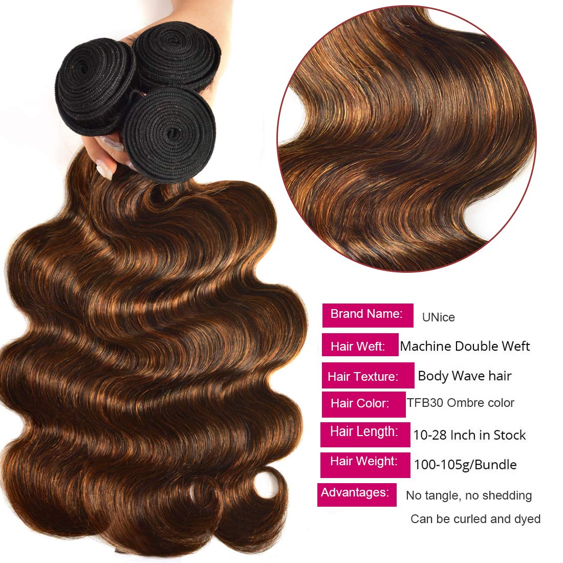 UNICE Brown Highlight Body Wave Human Hair Weave 3 Bundles 16 18 20 inch, Brazilian Remy Ombre Blonde Wavy Sew in Piano Color TFB30