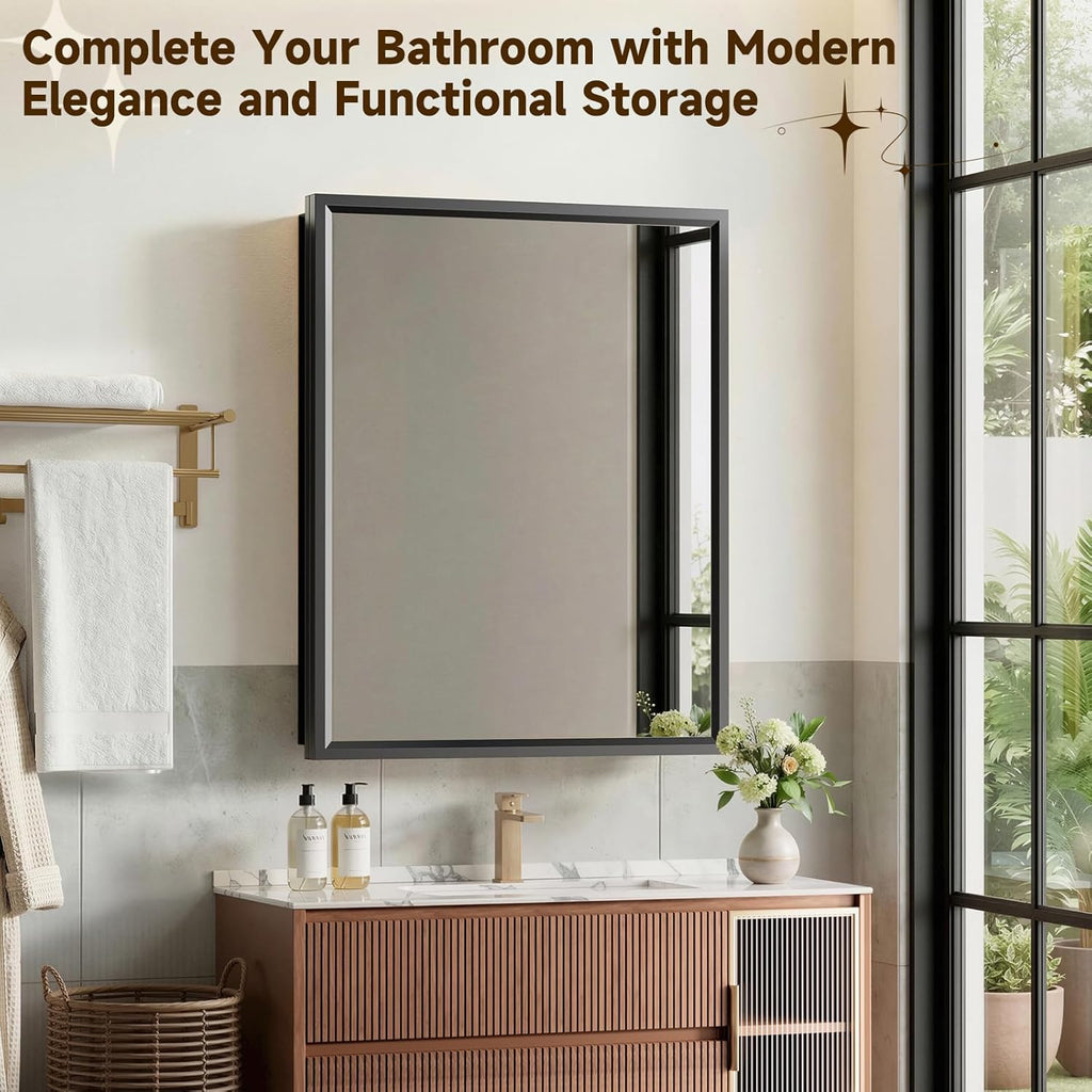 14"x24"Black Medicine Cabinets for Bathroom with Mirror, Aluminum Alloy Framed Mirror, Recessed(12.85"x22.85")or Surface Wall-Mounted(14"x24") Metal Bathroom Vanity Mirror with Storage Cabinet