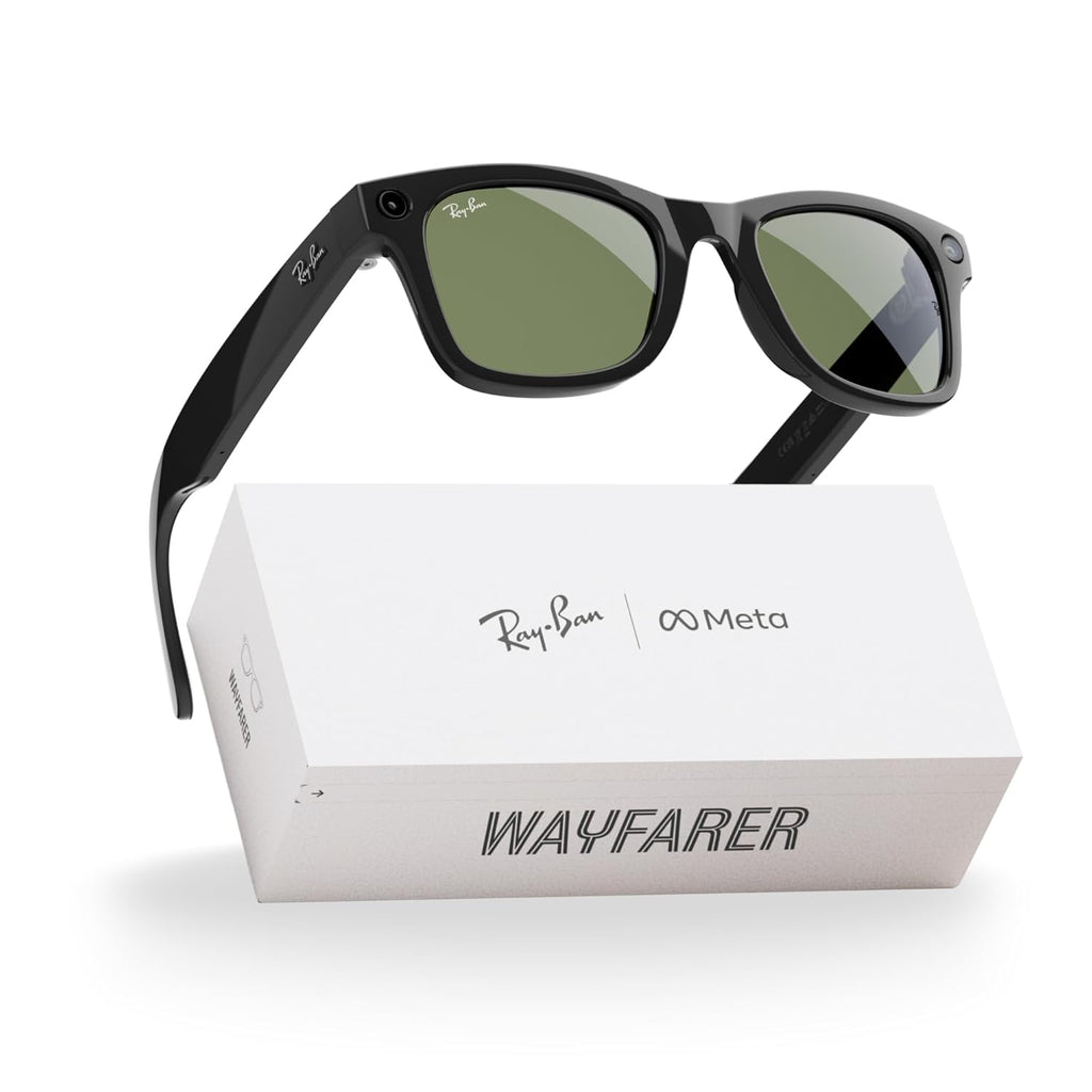 Ray-Ban Meta (Gen 1), Wayfarer, Shiny Black | Smart AI Glasses for Men, Women — 12 MP Ultra-Wide Camera, Open-Ear Speakers for Audio, Video Recording and Bluetooth — Green Lenses — Sunglasses