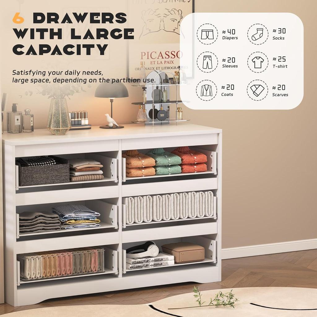 INTERGREAT White Dressers for Bedroom, Modern 6 Drawer Dresser for Closet, Wood Dressers with Deep Drawers for Kids Bedroom, Chest of Drawers for Bedroom, Living Room, Hallway, Entryway, Nursery