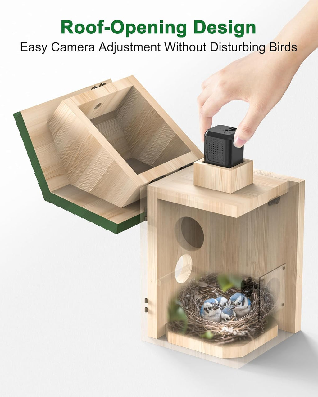 KinetCam Bird House with Camera Solar Powered, 2K HD Wi-Fi Bird Watching Cam for Birdhouse, Auto Detect & Notify, Night Vision, APP Control, Wooden Birdhouse with Camera Inside