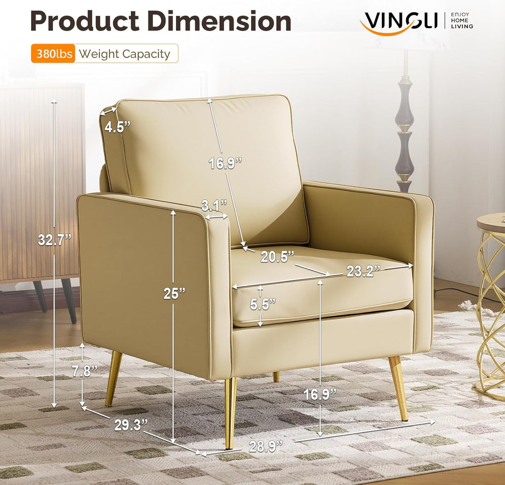 VINGLI Modern PU Leather Accent Chairs Set of 2, Single Sofa Chair with Pocket Coil Seat, Metal Backrest & Solid Wood Frame, Upholstered Armchair for Living Room, Bedroom or Office