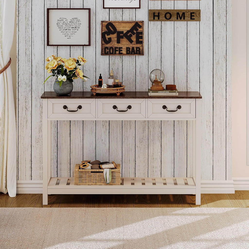 ChooChoo 47" Farmhouse Console Table with 3 Drawers, Rustic Entryway Table, Narrow Long Sofa Table for Living Room, Hallway, Behind Couch, Soft White and Brown