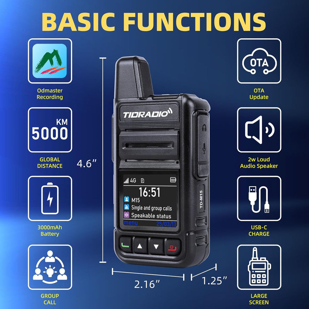 TIDRADIO Rapid Global Walkie Talkies 5000 Mile Long Range Poc radios, 4G LTE Unlimited Range Nationwide PTT Two Way Radios for Family, Logistics, Company, Construction Site with Sim Card(2Pack TD-M15)