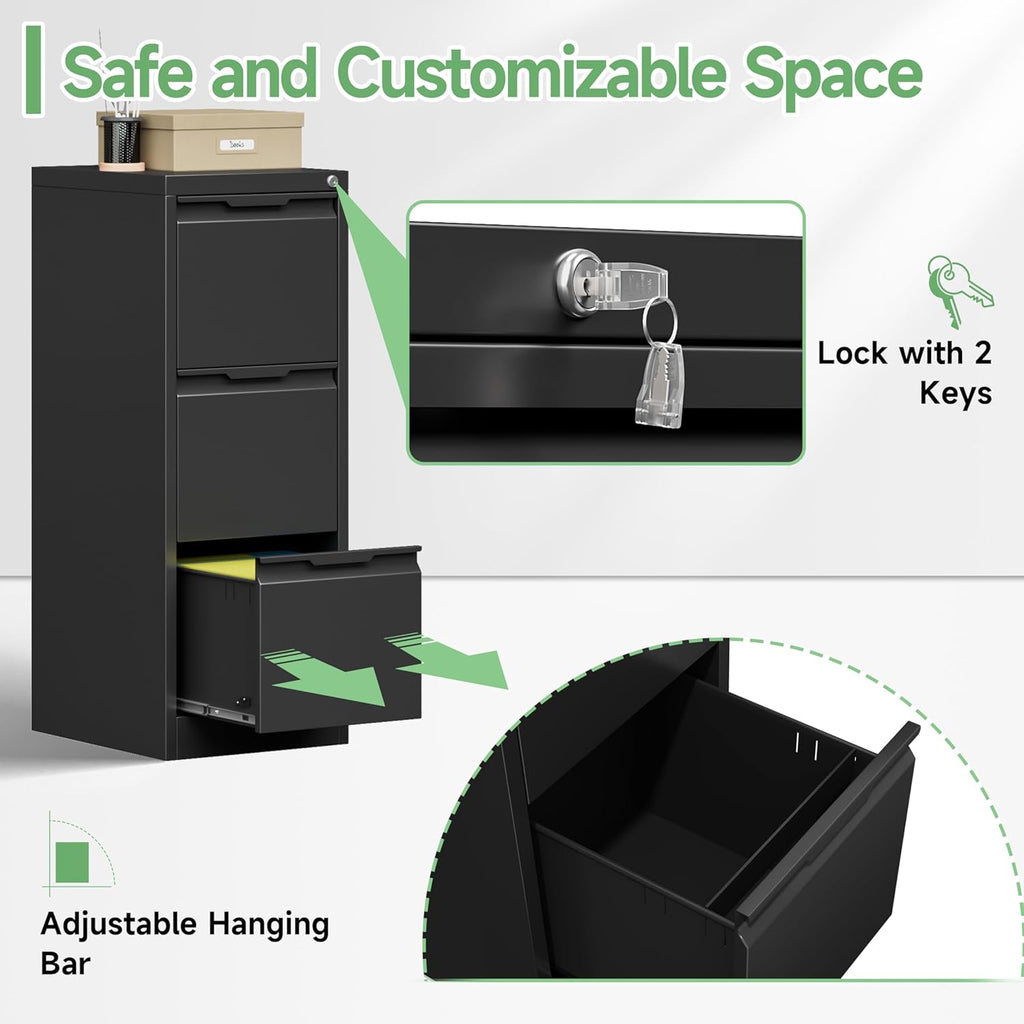 3 Drawer File Cabinets for Home Office,File Cabinet with Lock, Metal Filing Cabinet for A4/Letter/Legal Size Folder, Assembly Required,Black