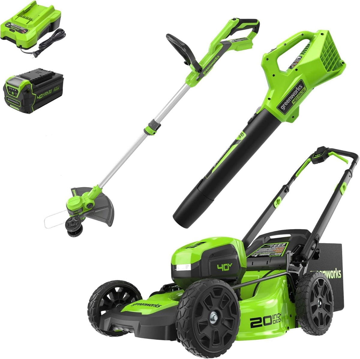 Greenworks 40V 20" Cordless Battery Push Lawn Mower, 13" String Trimmer & 350 CFM Leaf Blower w/ 4.0Ah Battery & Charger