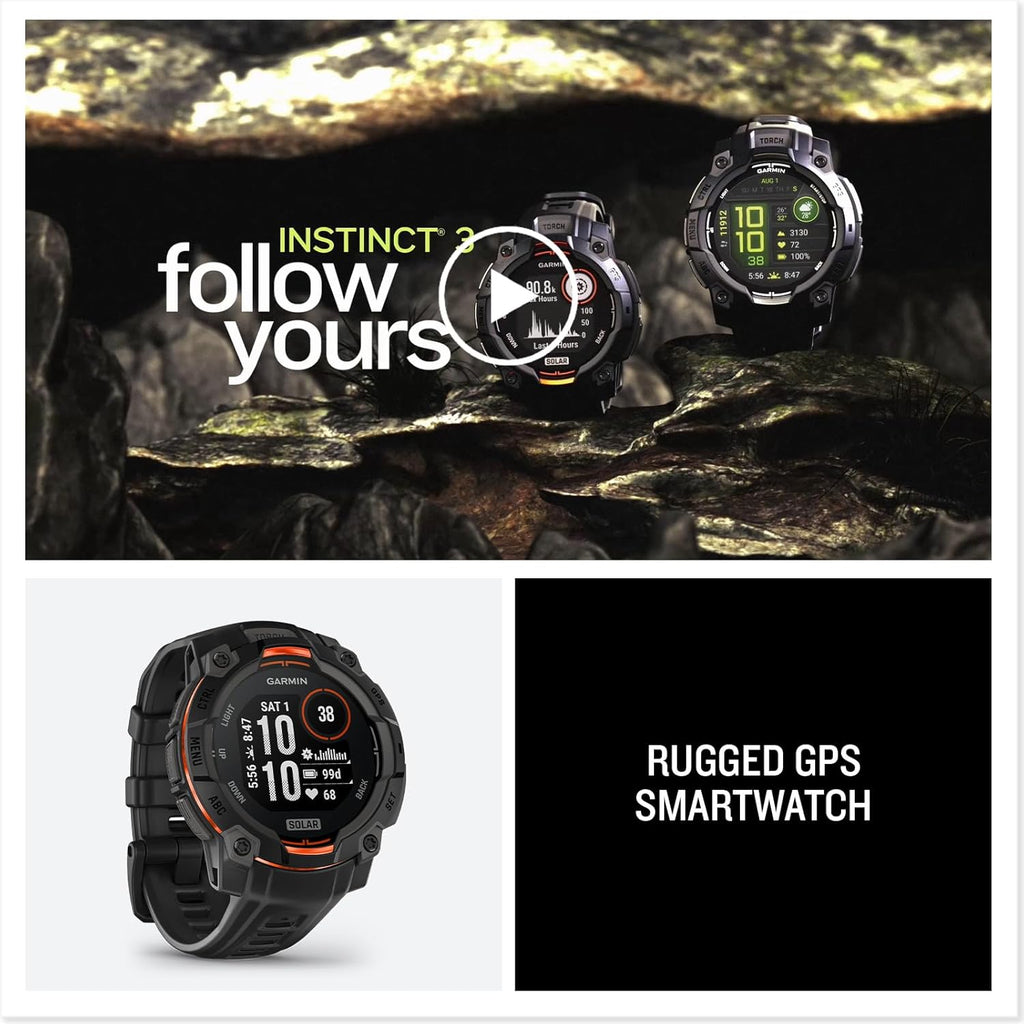 Garmin Instinct® 3 45mm, Solar Charged Display, Rugged Outdoor GPS Smartwatch, Metal-Reinforced Bezel, Built-in Flashlight, Black (Renewed)