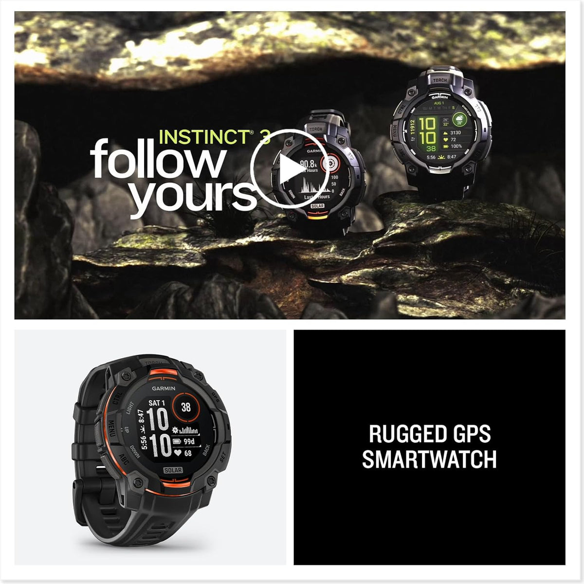 Garmin Instinct® 3 45mm, Solar Charged Display, Rugged Outdoor GPS Smartwatch, Metal-Reinforced Bezel, Built-in Flashlight, Black (Renewed)