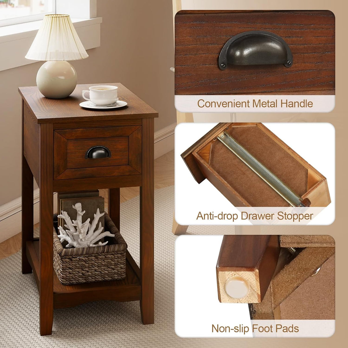 Giantex End Table with Drawer Set of 2, Retro Narrow Side Table, Nightstand with Solid Wood & Storage Shelf, Bedside Table for Living Room Bedroom Small Space Home Office (2, Walnut)