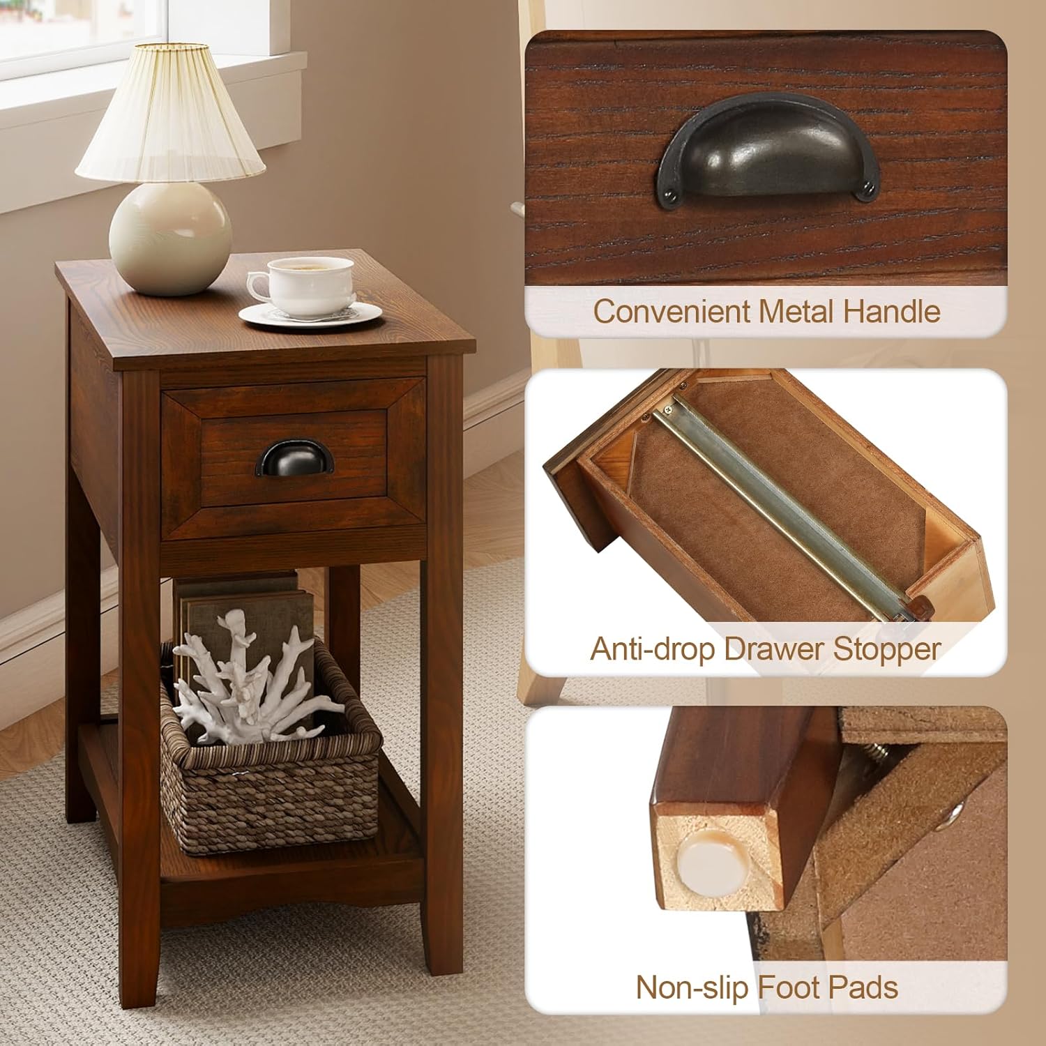 Giantex End Table with Drawer Set of 2, Retro Narrow Side Table, Nightstand with Solid Wood & Storage Shelf, Bedside Table for Living Room Bedroom Small Space Home Office (2, Walnut)