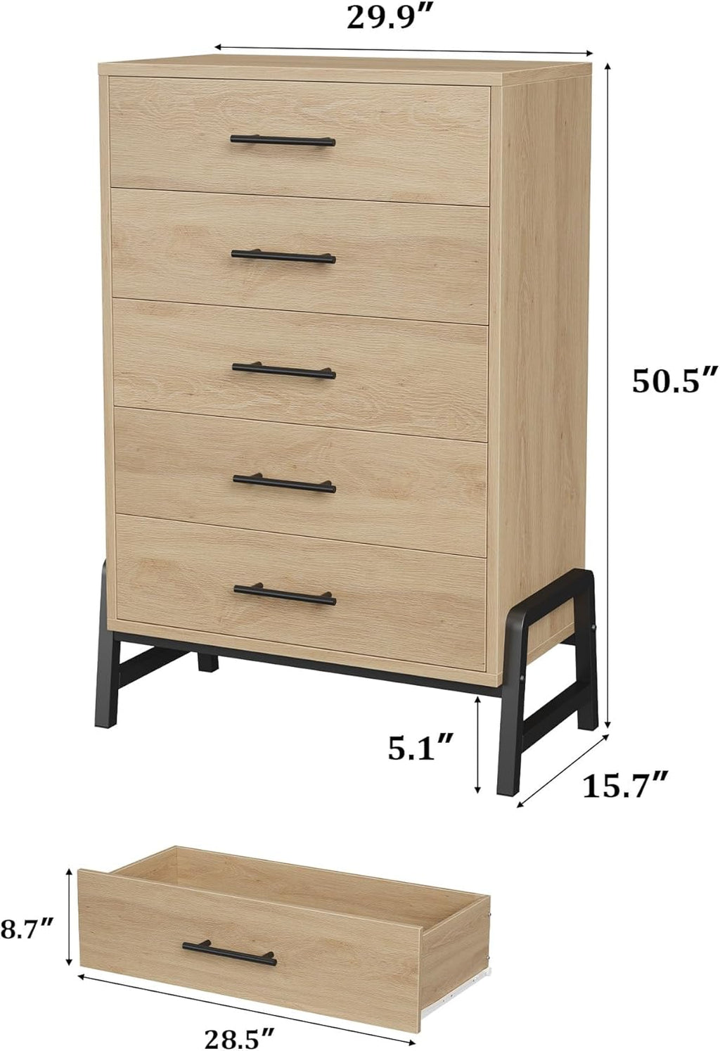 Garvee 5 Dresser for Bedroom, 50.5 in Tall Drawer with Large Storage Space, Freestanding Wooden Closet Storage Dresser Chest for Living Room, Bedroom, Entryway, Natural Oak