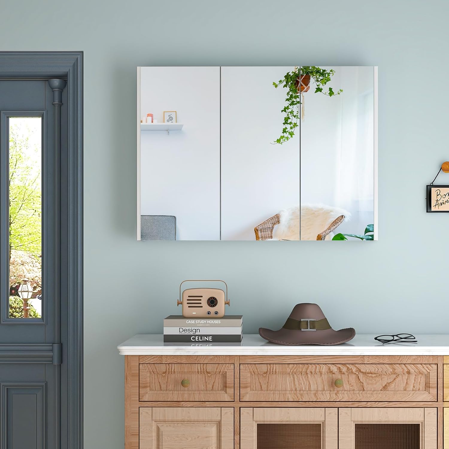Tangkula Medicine Cabinet with Mirror, Frameless Bathroom Wall Mounted Cabinet with 3 Doors and Adjustable Shelves, Storage, Recess or Surface Mount Installation