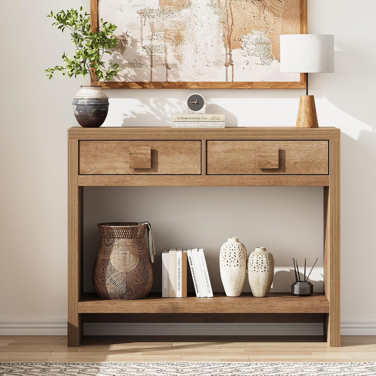 ONBRILL Console Table with Drawers, 40 Inch Narrow Entryway Table with Open Storage Shelves, Mid Century Modern Hallway Accent Tables Behind Couch Table for Living Room (Natural Oak)