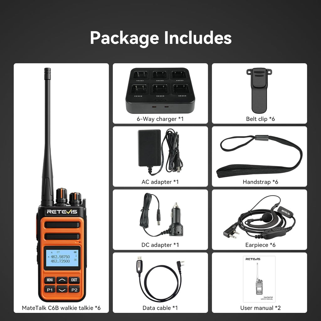 Retevis MateTalk C6B Walkie Talkies with Earpiece,Two Way Business Radios Long Range with 6 Way Charger,LCD Screen,Fast Charging,One-Key Pairing,NOAA,Rugged 2 Way Radio for Construction Farm(6 Pack)