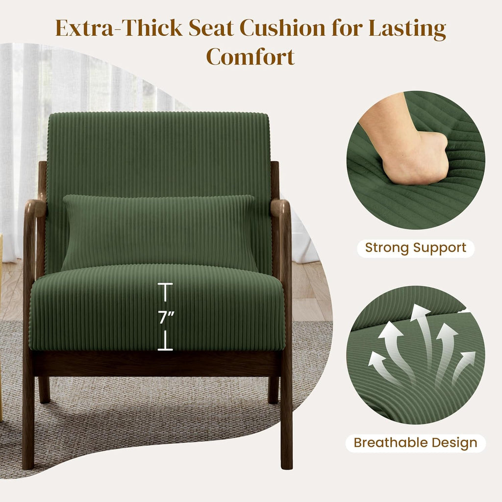 Yaheetech Accent Chair for Living Room, Corduroy Mid Century Modern Reading Armchairs with Lumbar Pillow for Bedroom, Decorative Sofa Chair for Adult Dark Green/Set of 2
