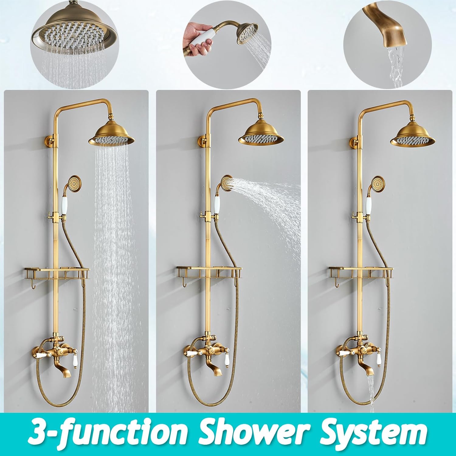 Antique Brass Shower System Outdoor Shower Fixtures with 8 Inch Rain Shower Head and Double Cross Handles Bathroom Shower Faucet Set