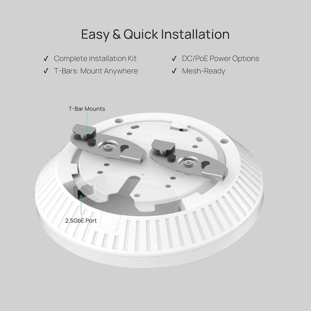TP-Link Omada WiFi 7 Wireless Access Point - BE5000 Dual Band, 2.5G Port, PoE+ or DC Powered, DC Adapter Included, 5yr Warranty, Captive Portal, Mesh, WPA3, Roaming, Business WiFi Experience(EAP720)