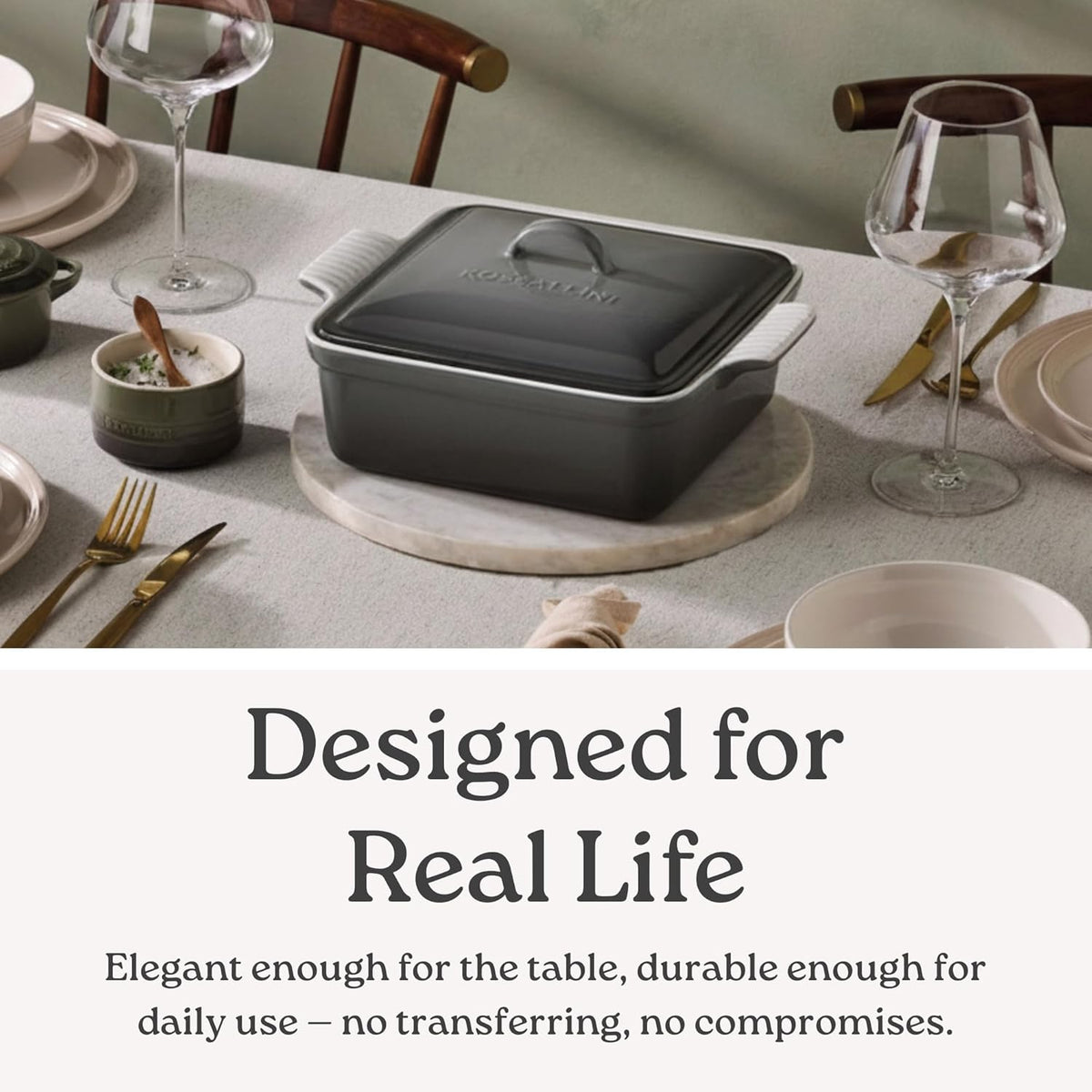 ROSSALLINI Stoneware Casserole Dish Bakeware with Lid | Covered Square Dinnerware | Large 2.5 Quart, Ocean Blue