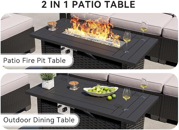 Aoxun Outdoor Patio Furniture Set with 44'' Fire Pit Table, 7 Pcs Outdoor Sectional with 4in Thicken Cushion, Widen Armrests Wicker for Backyard, Grey