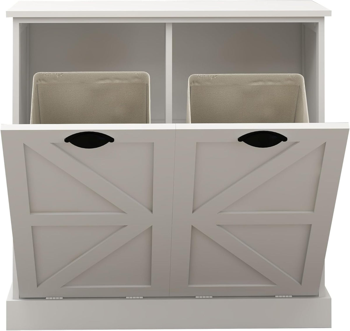Modern Farmhouse Barn Door Double Compartment Slanted Laundry Organizer,Freestanding Hidden Laundry Cabinet with 2 Removable Liner Pockets for Bathroom(White-03)