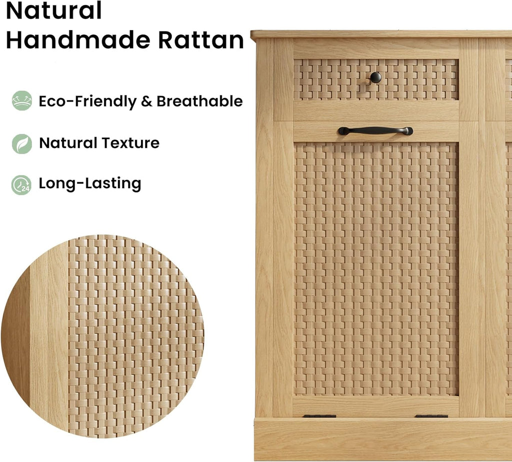 Double Tilt Out Laundry Hamper Cabinet, Rattan-Style Laundry Room Organization with Removable Laundry Basket, Hidden Wood Dirty Clothes Hamper with Drawers, 39" L x 13" W x 35.8" H, Wood
