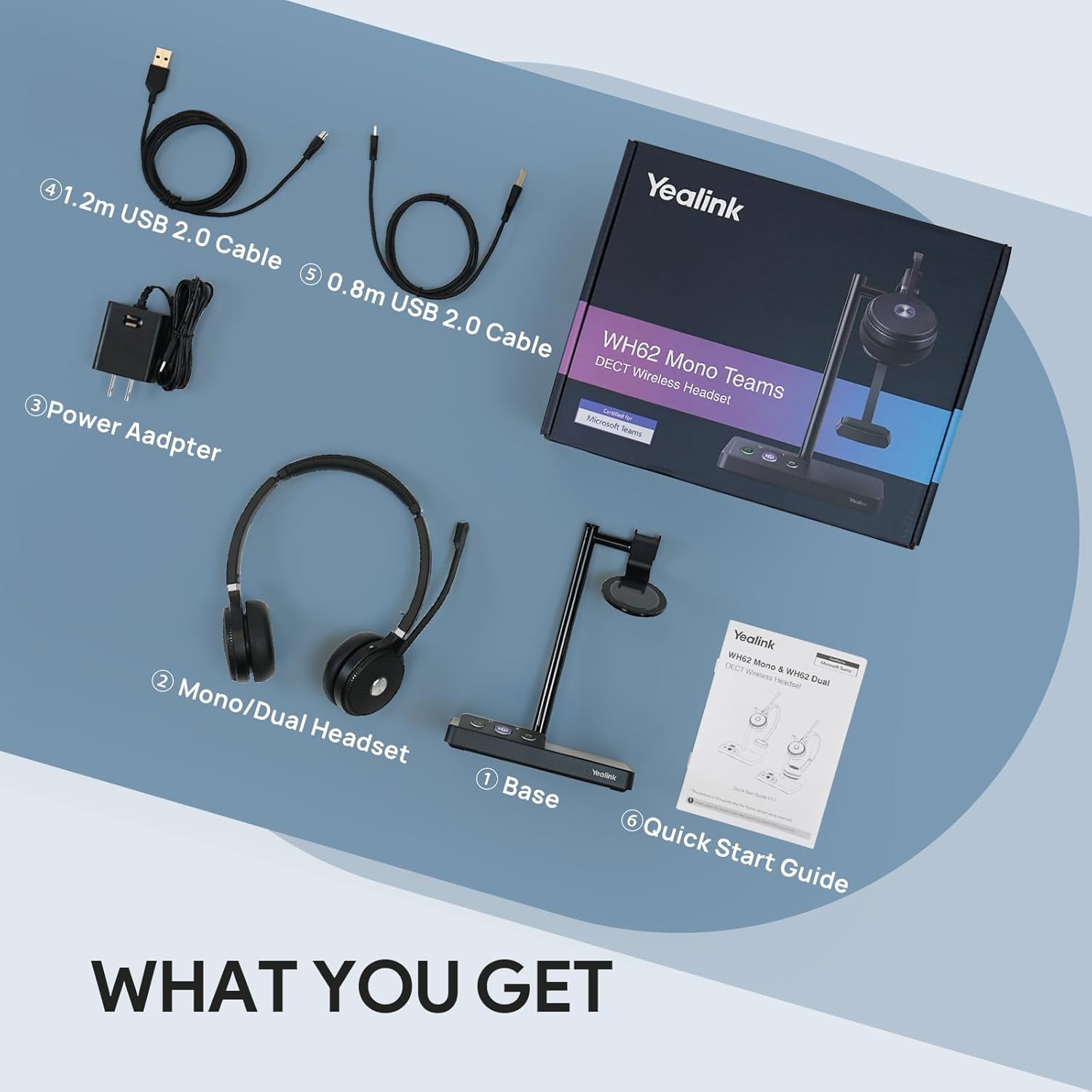 Yealink WH62 DECT Wireless Headset with Microphone, 525 Feet Range, Work Headset with Noise Cancelling Mic for Desk IP Phone and Computer Teams Zoom,Telephone Headset,14H Talk Time, Quick Mute