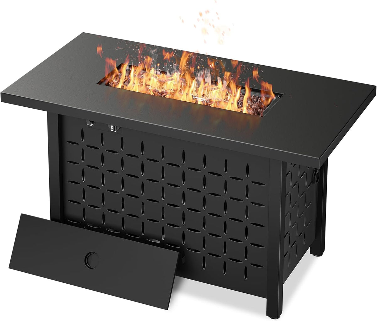 Vongrasig 43" Gas Fire Pit for Outside, 50,000 BTU Outdoor Propane Fire Pit Table with Lid & Lava Rock, Steel Rectangular Fire Table for Patio, Backyard, Deck, Garden, Black