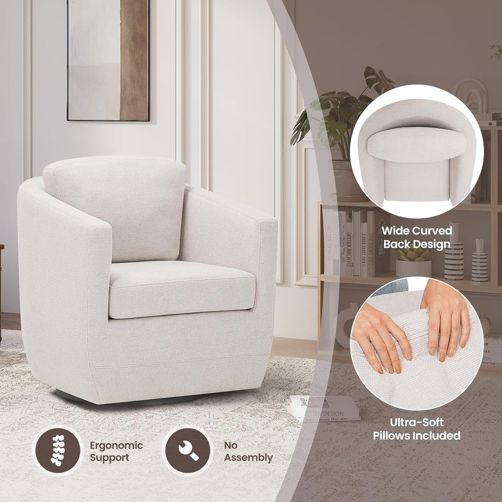 COLAMY 360° Swivel Accent Chair Set of 2 No-Sag Foam & Sturdy Metal Base, Fully Assembled Living Room Armchair with Pillow, Swivel Accent Single Sofa for Bedroom Living Room, Reading Room, Beige