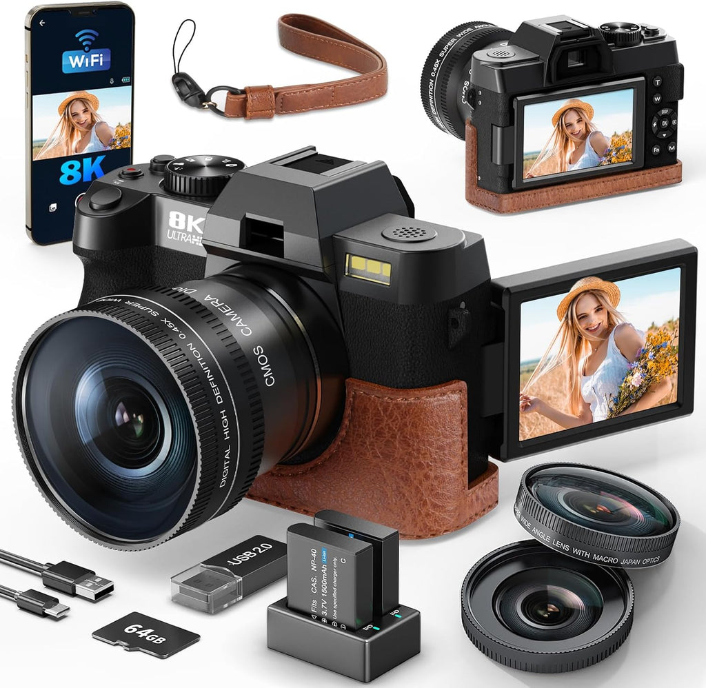 8K&64MP Digital Cameras for Photography, 16X Zoom, WiFi, 180° Flip Screen, Autofocus, Anti-Shake, Wide-Angle & Macro Lens, Built-in Fill Light, PU Leather Case, 64GB Card & 2 Batteries (Black)