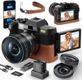 8K&64MP Digital Cameras for Photography, 16X Zoom, WiFi, 180° Flip Screen, Autofocus, Anti-Shake, Wide-Angle & Macro Lens, Built-in Fill Light, PU Leather Case, 64GB Card & 2 Batteries (Black)