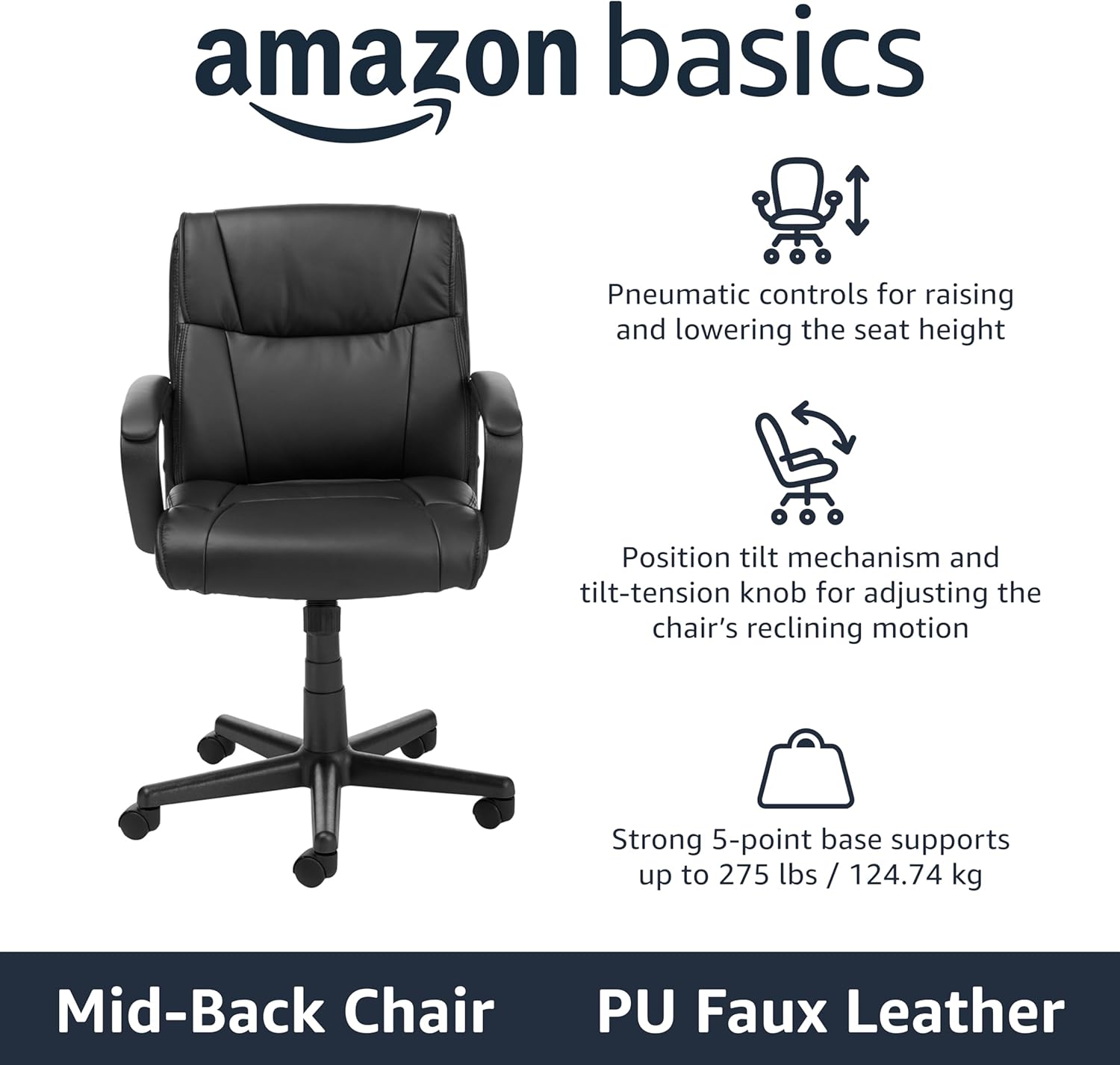 Amazon Basics Office Task Chair with Adjustable Height, 360° Swivel, Padded Armrests, Mid-Back, Rolling, 275 Pound Capacity, 24.2"D x 24"W x 34.8"H, Black Faux Leather