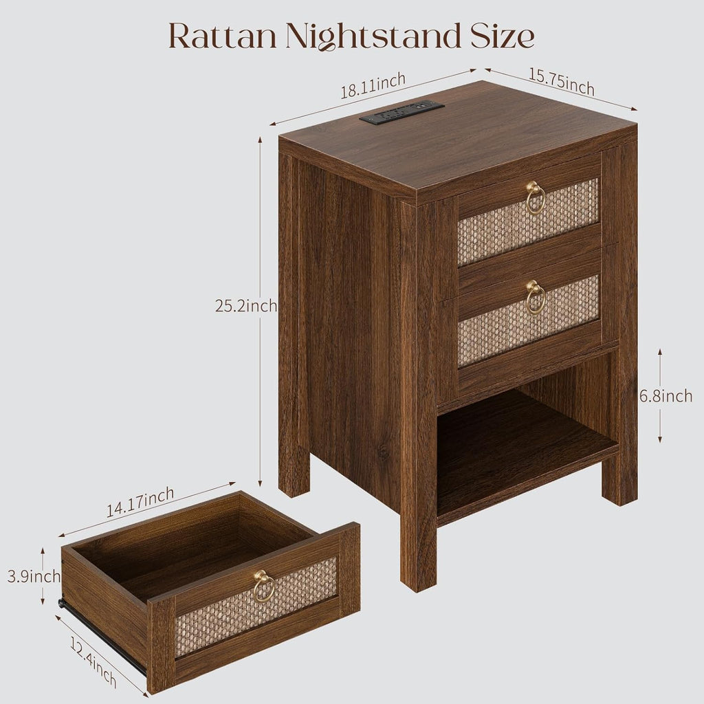 Rattan Night Stand with Drawers - Boho Nightstand with Charging Station, Bedside Table with Storage Shelf, Accent Side Table End Tables Living Room, Wood Nightstands for Bedroom, Walnut