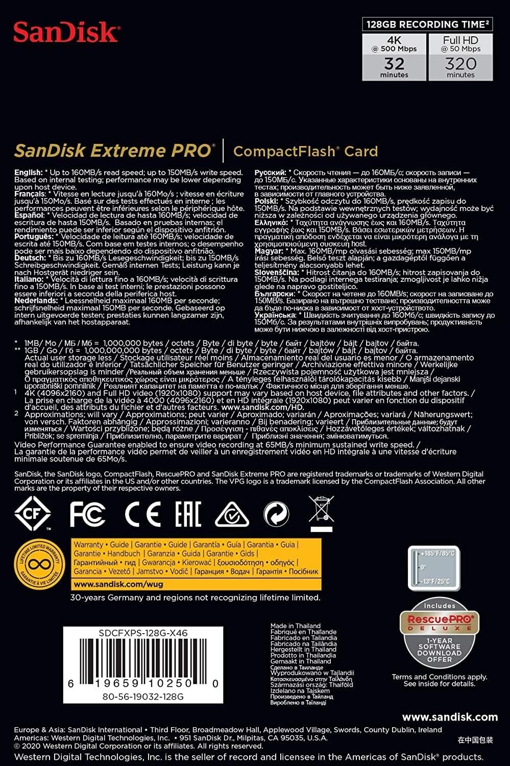 SANDISK 128GB Extreme PRO CompactFlash Memory Card UDMA 7 Speed Up To 160MB/s- SDCFXPS-128G-X46