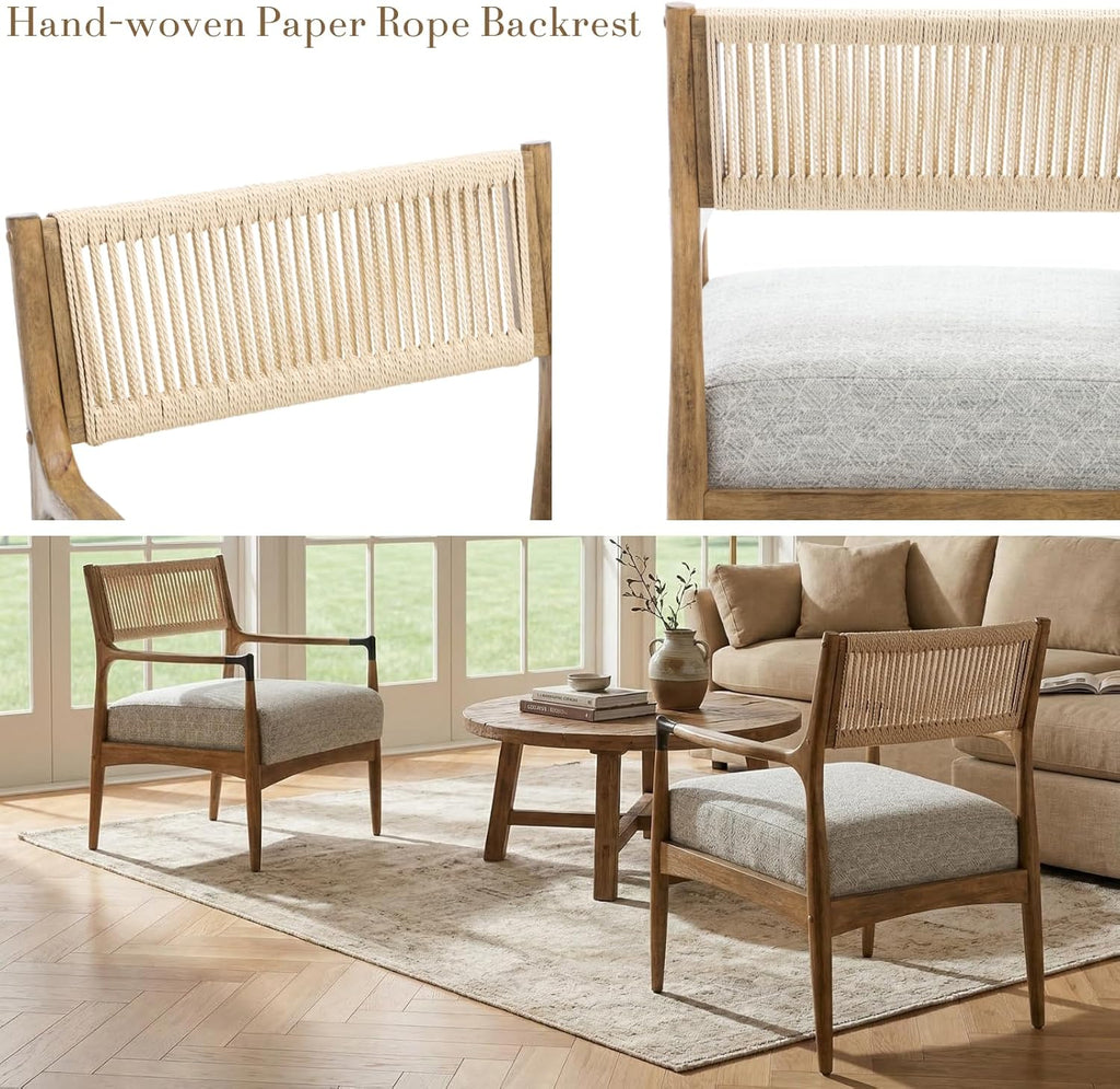 Ya-Home Mid-Century Modern Accent Chairs with Woven Rope Back, Upholstered Linen Fabric Armchairs with Solid Wood Frame for Living Room Bedroom, 2PCS, Patterned