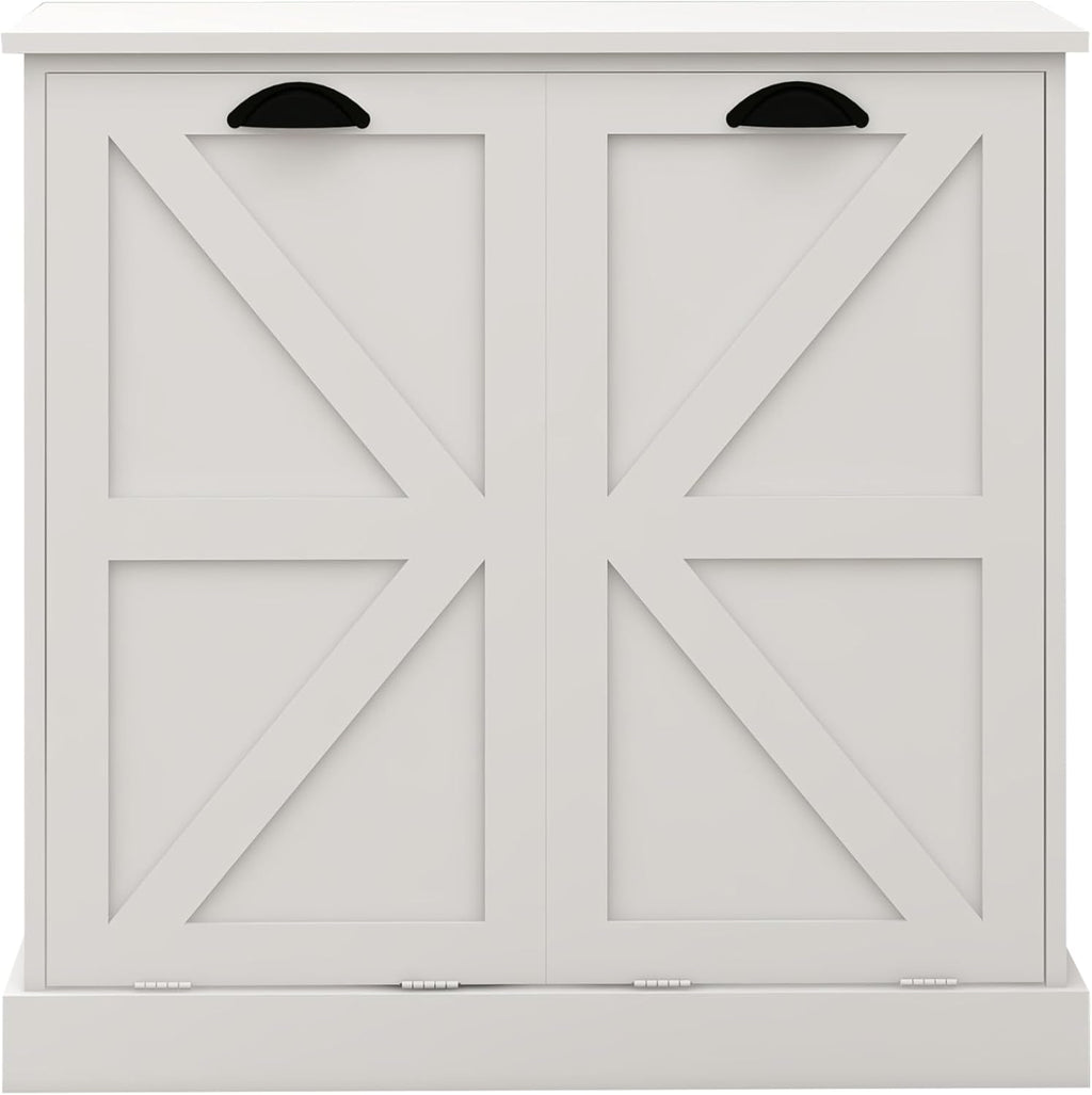 KEIKI White Tilt-Out Bathroom Laundry Sorter Cabinet with Dual Compartments & Removable Bags, Freestanding Hidden Hamper Storage with Anti-Tip Kit