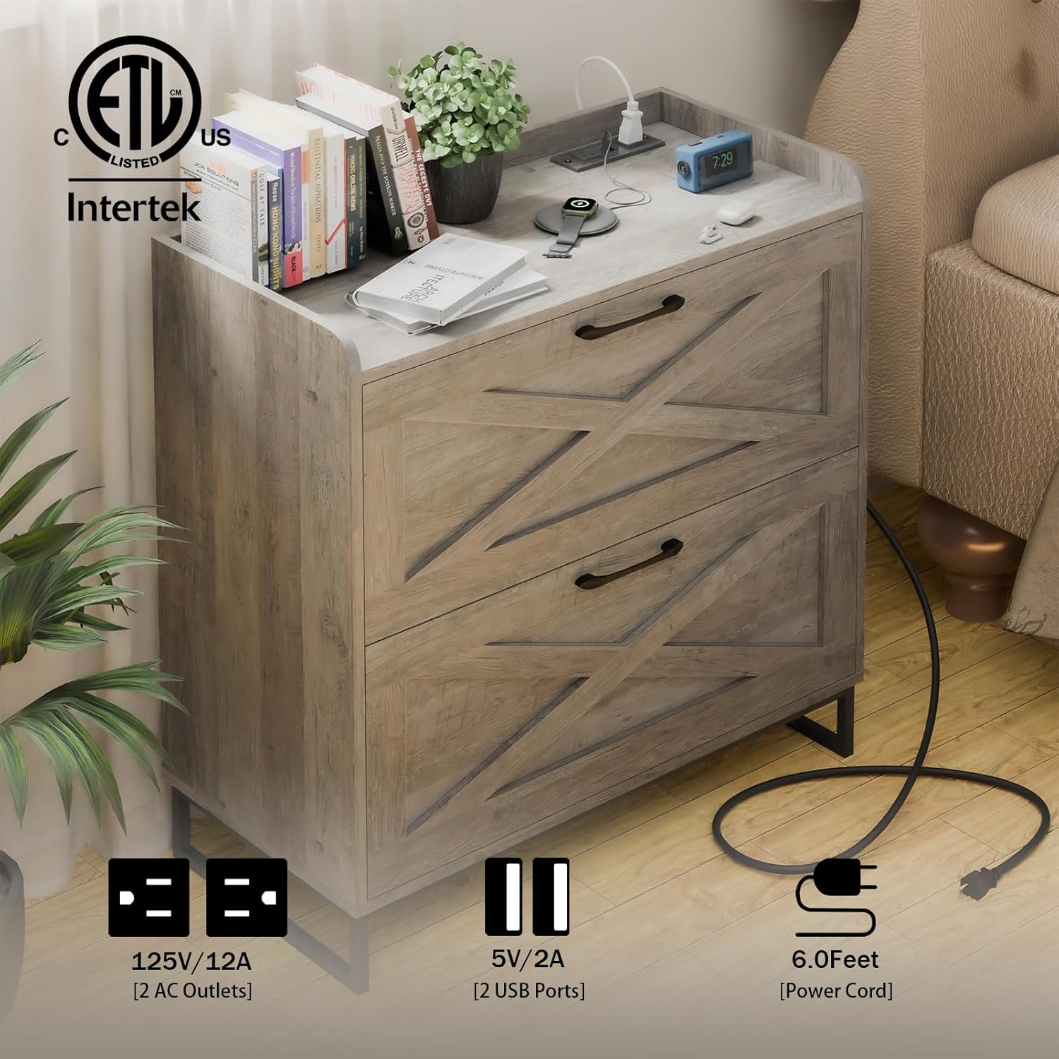 Lateral File Cabinet 2 Drawer File Cabinet with Charging Station for Legal/Letter/A4 Size Hanging Files, Modern Farmhouse Large Wood File Storage Cabinet for Home Office Furniture(Washed Gray)